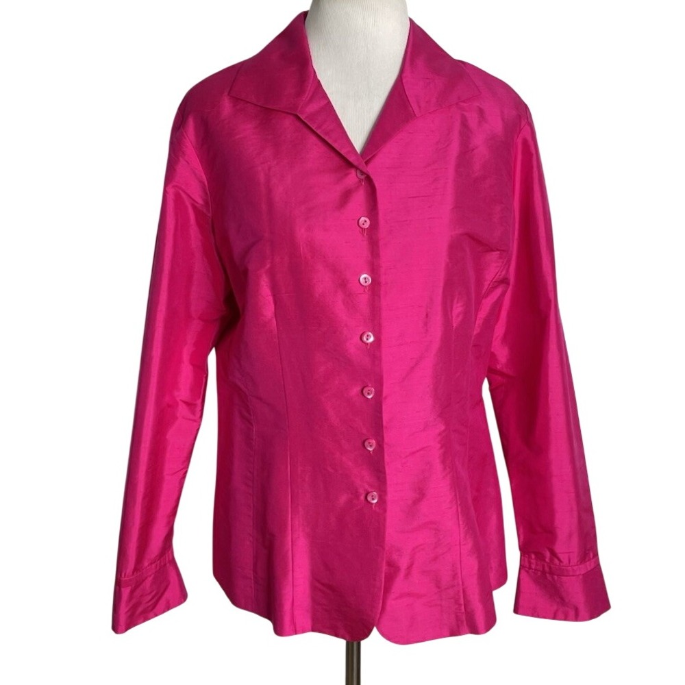 Vintage Liz Claiborne Hot Pink 100% Silk Taffeta Shirt Button Up Collared 12